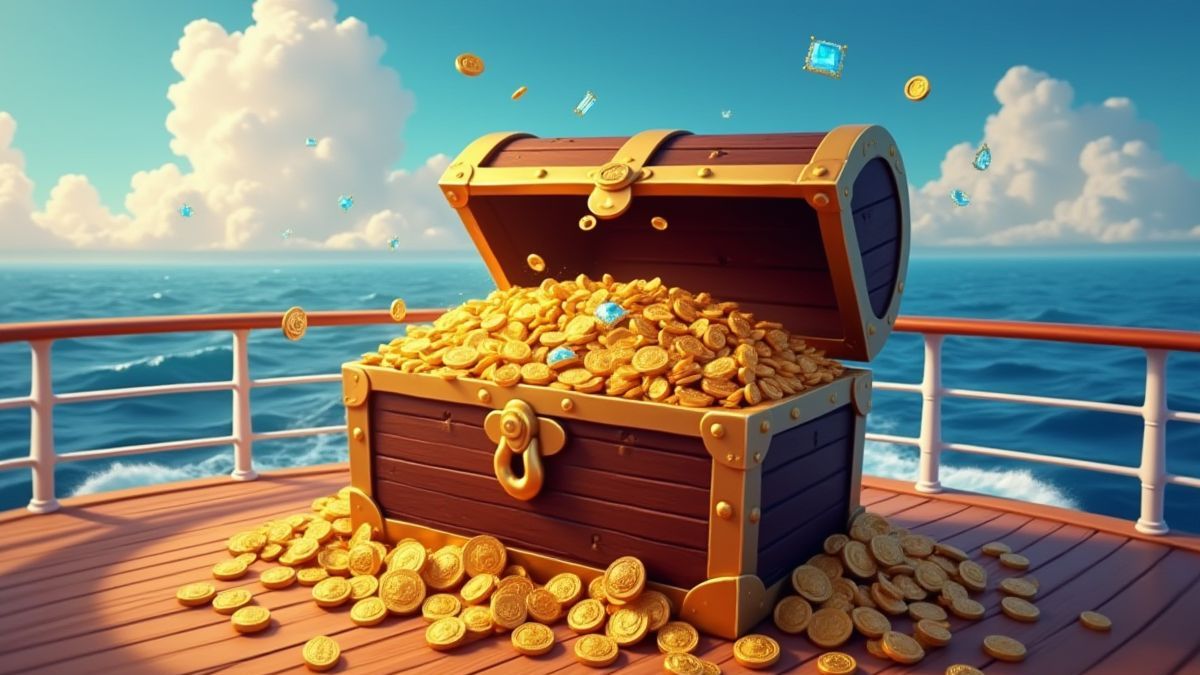 Treasure chest filled with gold coins and jewels on a luxury cruise ship.