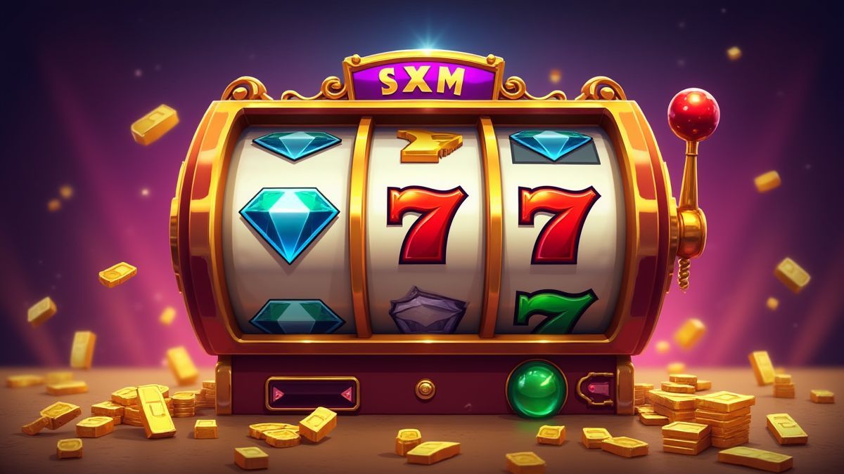Rolos girando com símbolos de diamantes, barras de ouro e pilhas de notas.