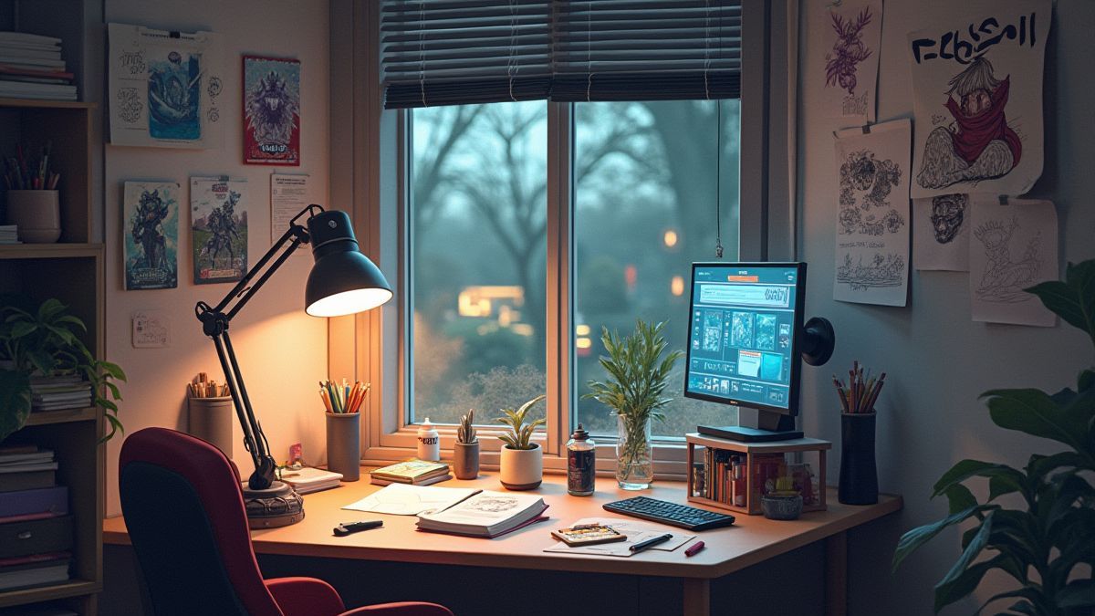Um espaço de trabalho de desenvolvedor de jogos com esboços criativos e conceitos de jogos.