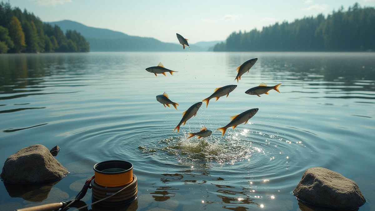 Lago sereno com peixes saltando e equipamento de pesca ao redor.