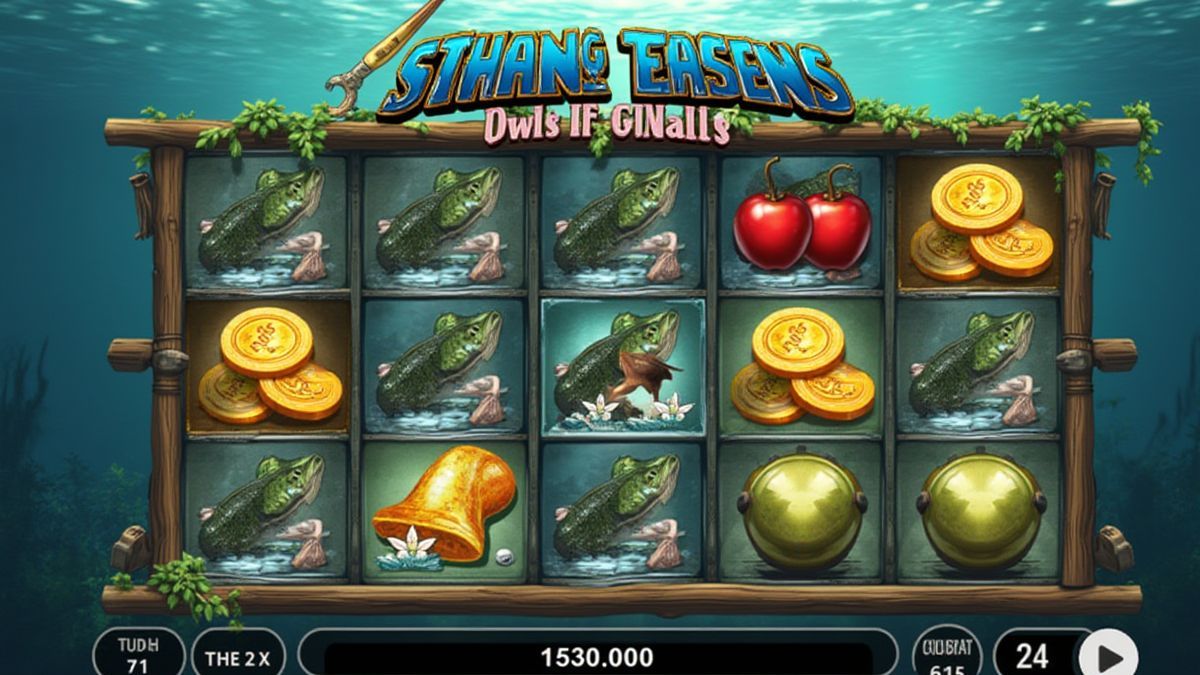 Representação gráfica de um slot de pesca com moedas e símbolos de jackpot.