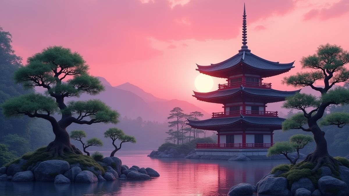 Un jardín asiático tranquilo con bonsáis y una pagoda al atardecer.