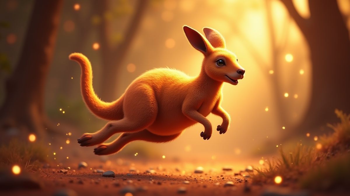 Kangaroo jumping with golden sparkles to symbolize free spins