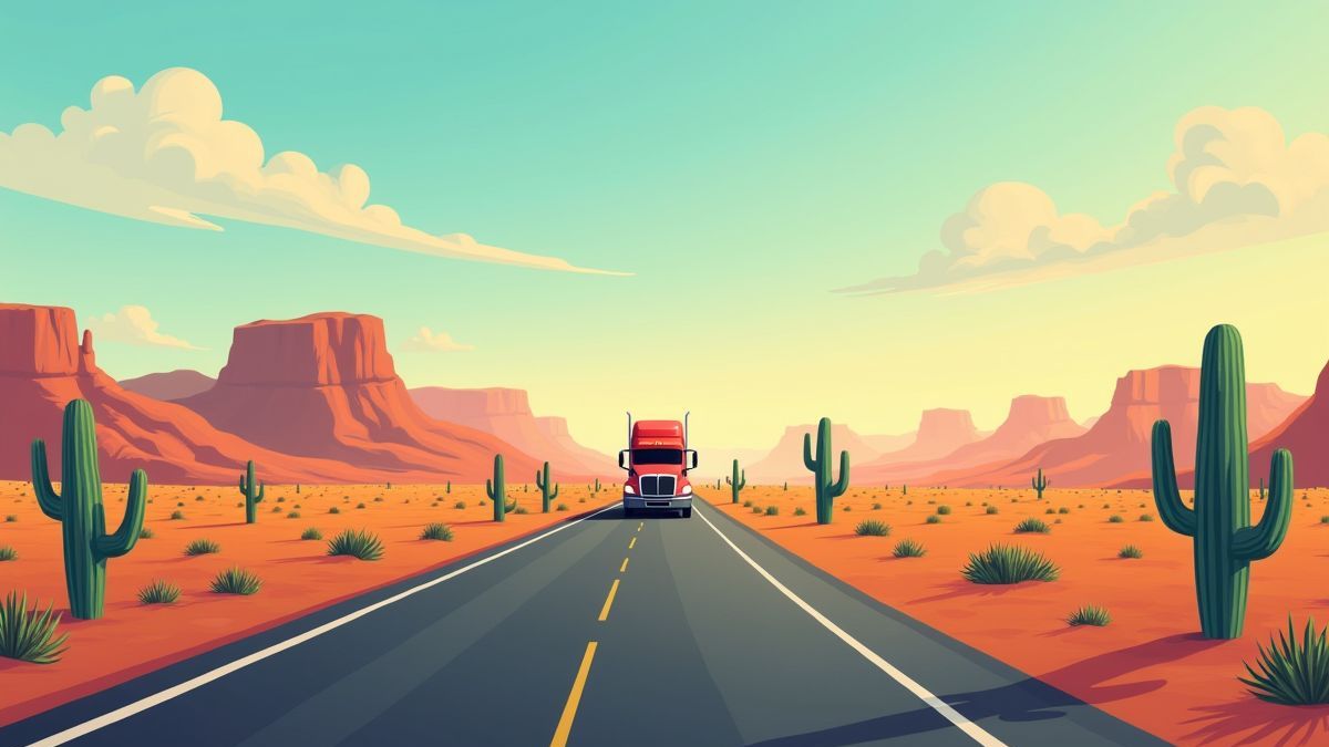Desert highway with a truck surrounded by cacti and mountains.