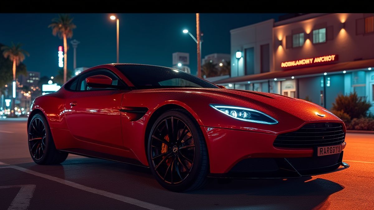Red sports car under Hollywood lights.