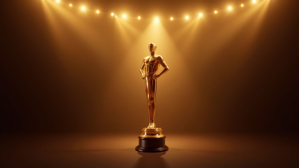 Shining golden trophy under Hollywood lights.