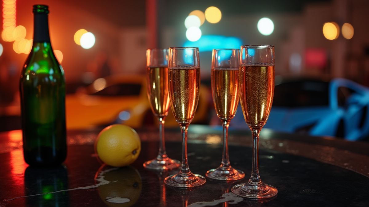 Cena de festa elegante com copas de champanhe e coches de luxo.