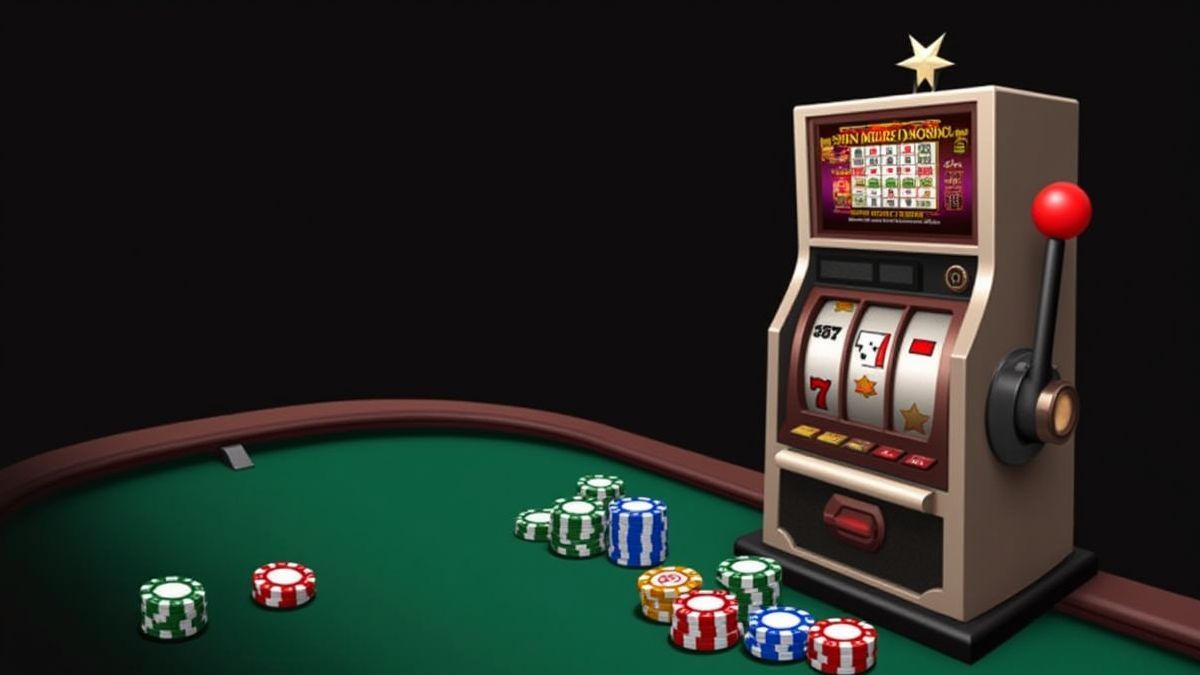 Mesa de casino com fichas e uma máquina caça-níqueis girando.