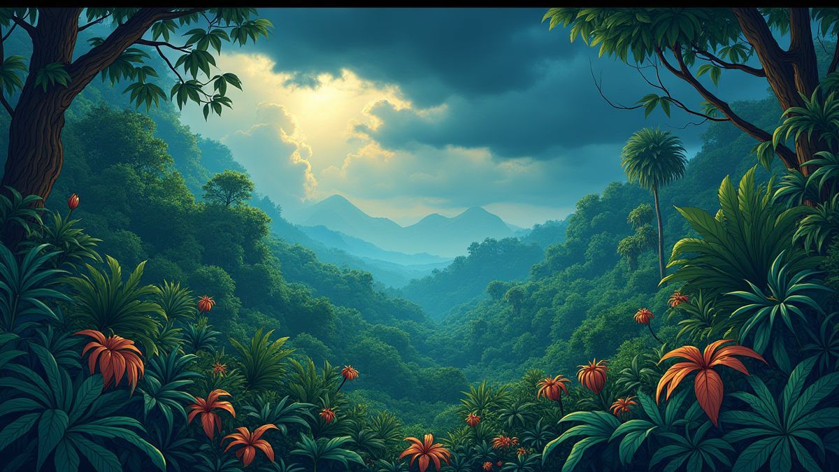 An exotic jungle under stormy skies.