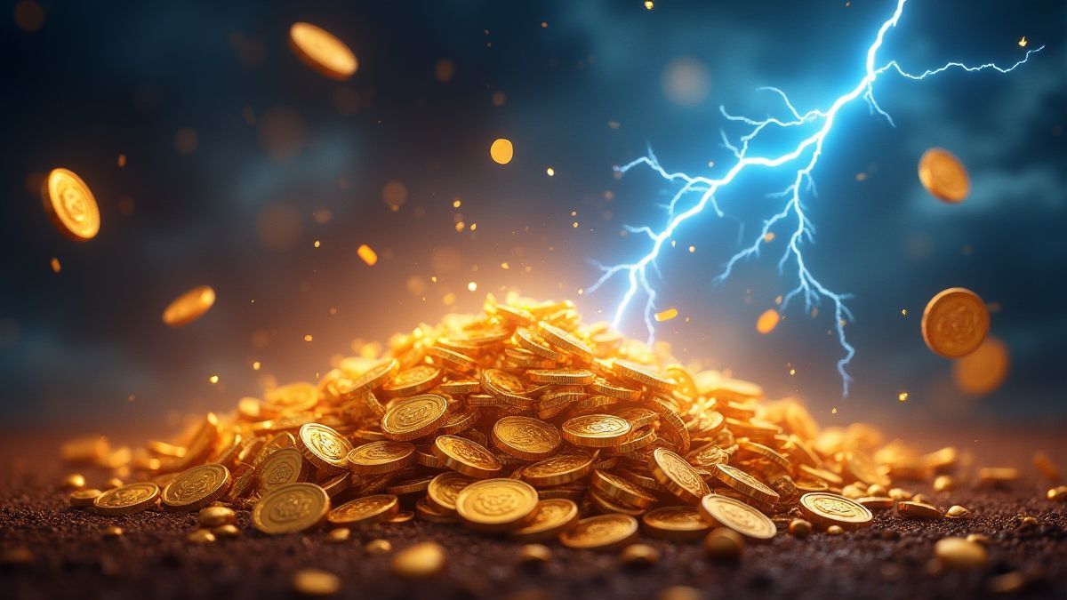 Golden coins with lightnings in a stormy setting.