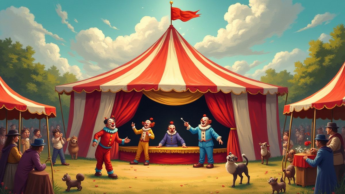 Une carpe de cirque animée avec des clowns et des animaux réalisant des tours.