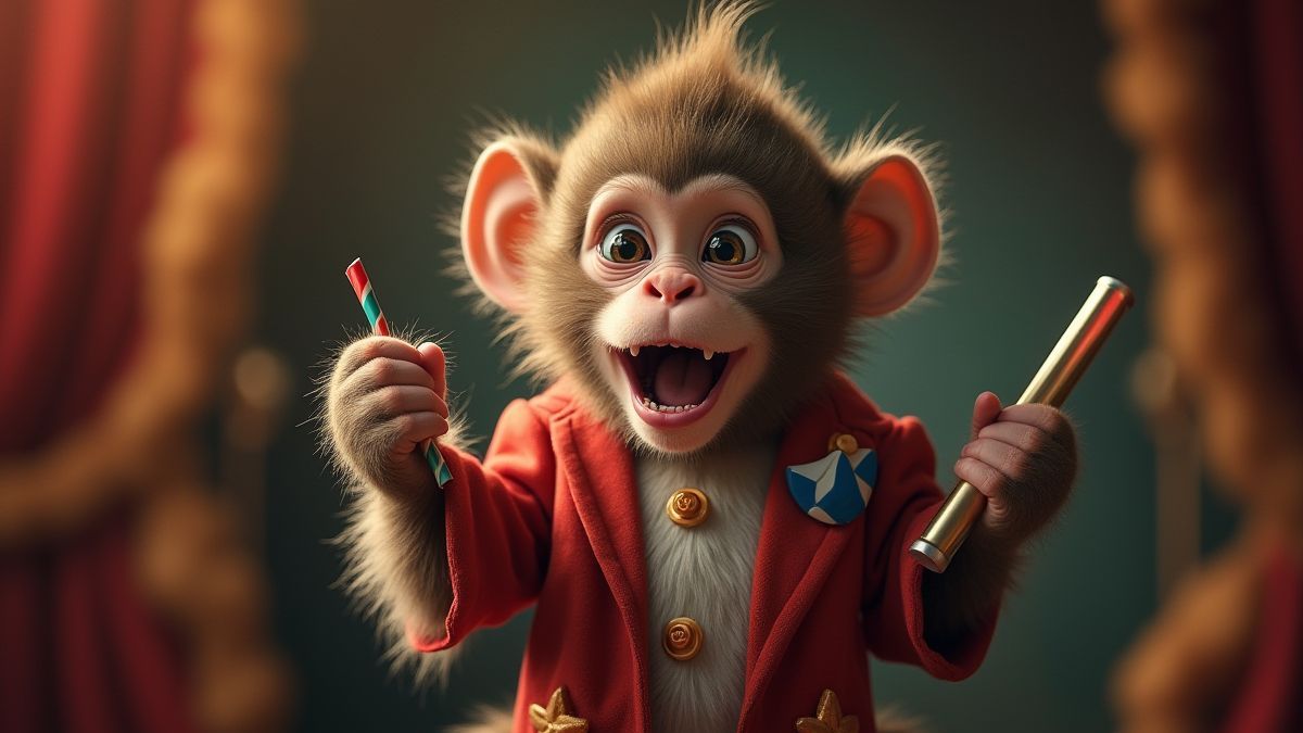Un singe animé faisant des tours avec des accessoires de cirque.