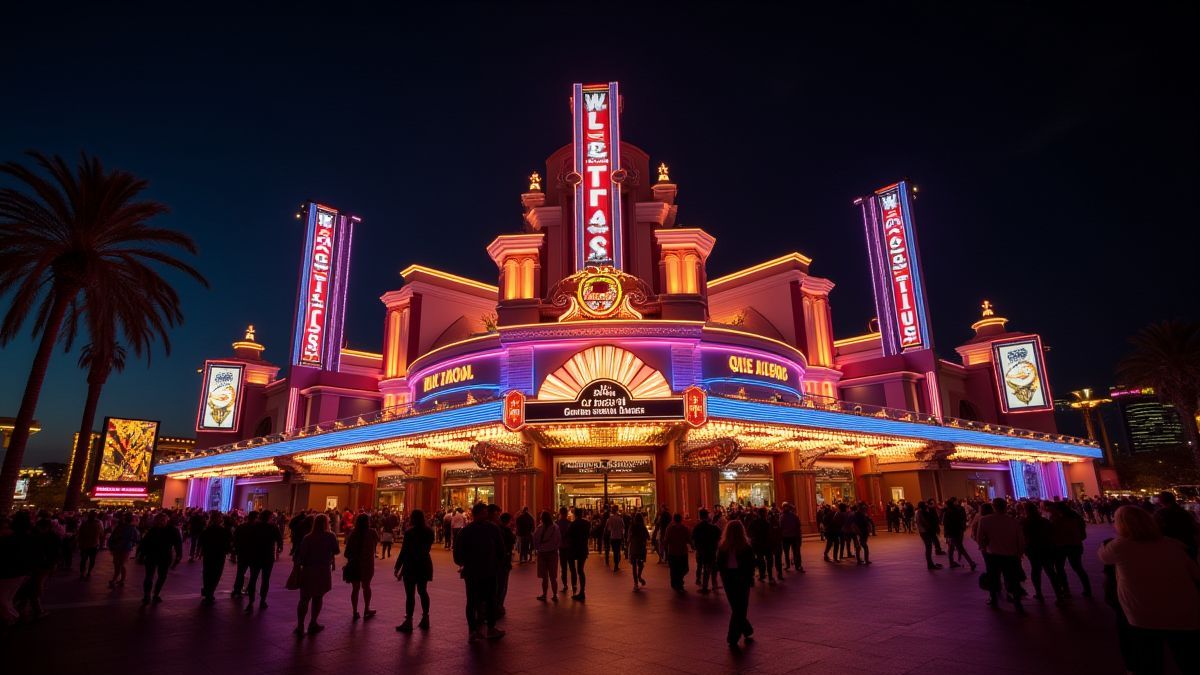 Entrada de um cassino de Las Vegas com luzes de néon e visitantes.