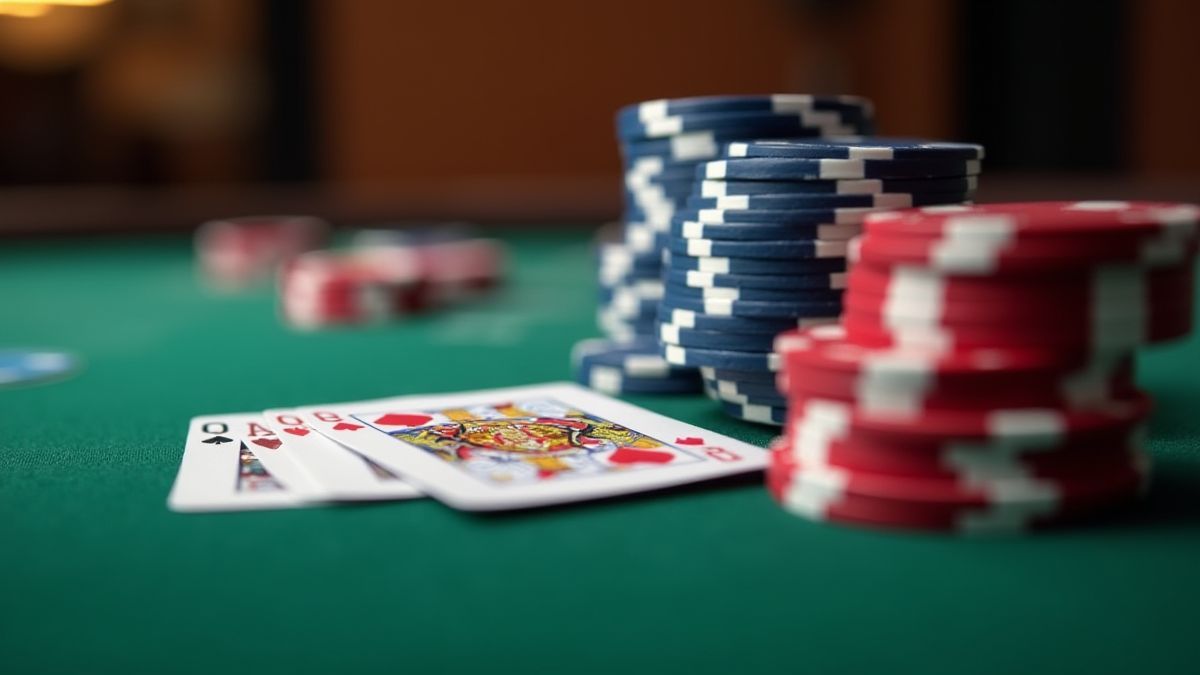 Fichas de pôquer e cartas em uma mesa de cassino.