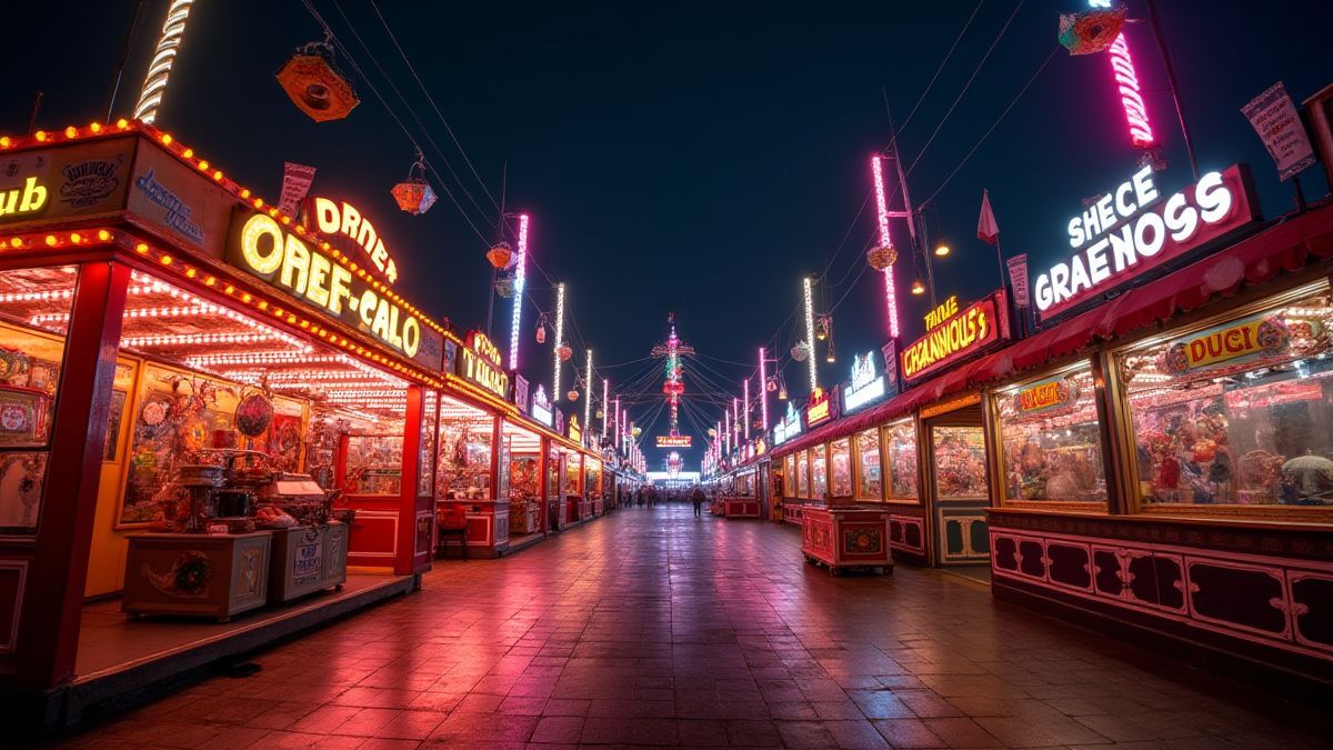 Retro-Karneval mit leuchtenden Lichtern und Dekorationen.