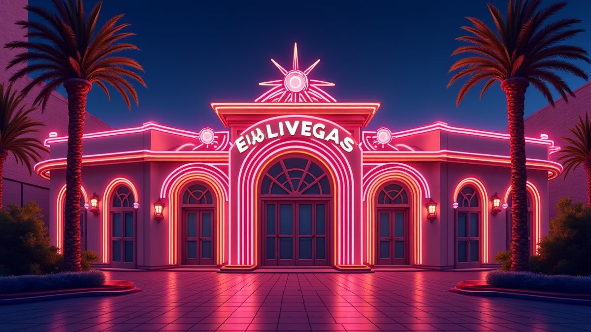 Luces de neón y entrada de un casino glamuroso.