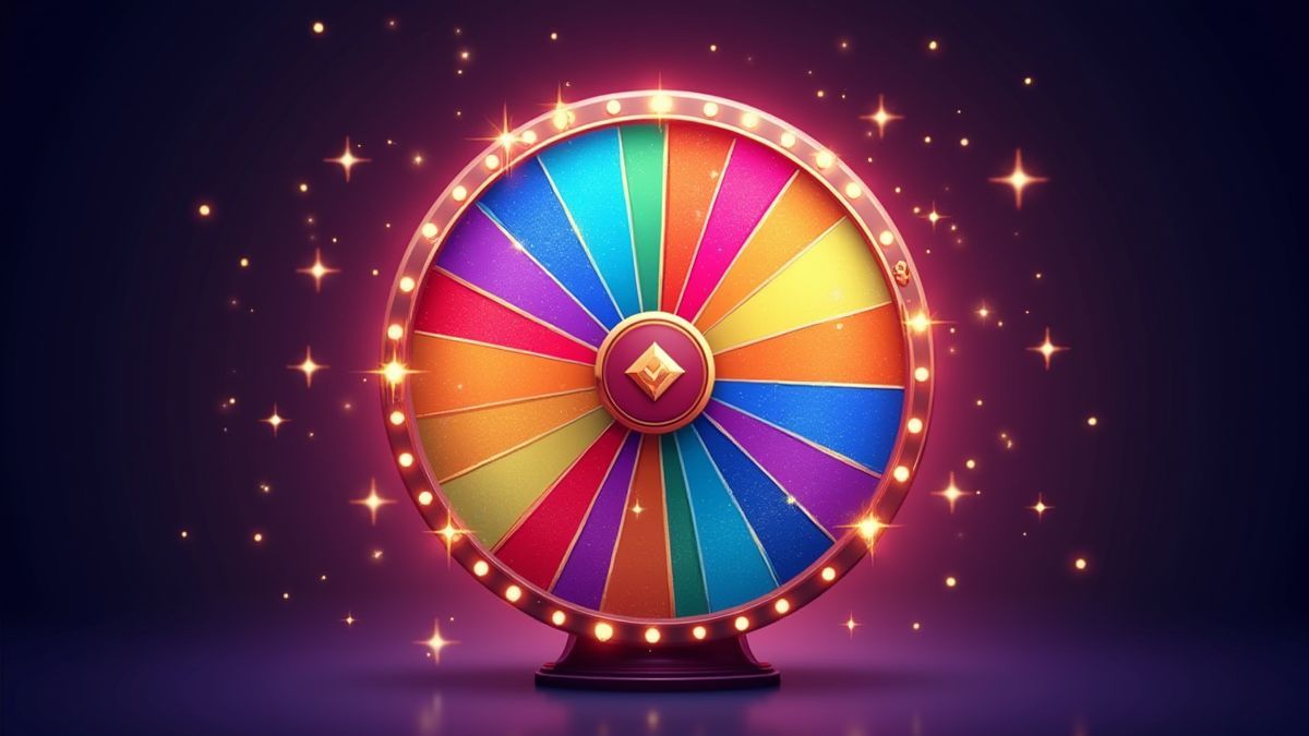 Ruleta de premios giratoria con colores brillantes y efectos brillantes.