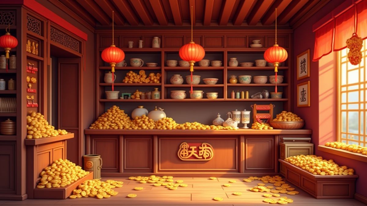 Une boutique asiatique pleine d'amulettes de la chance et de pièces d'or.