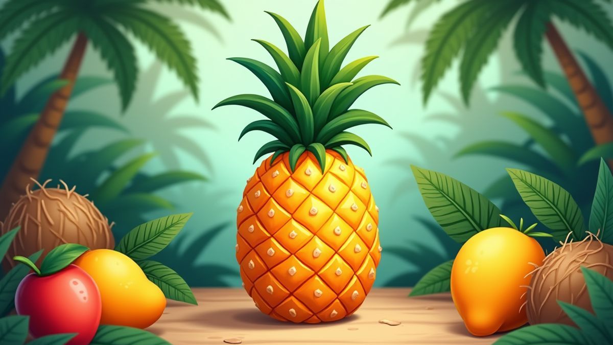 Eine animierte Ananas umgeben von tropischen Früchten in einer Dschungelumgebung.