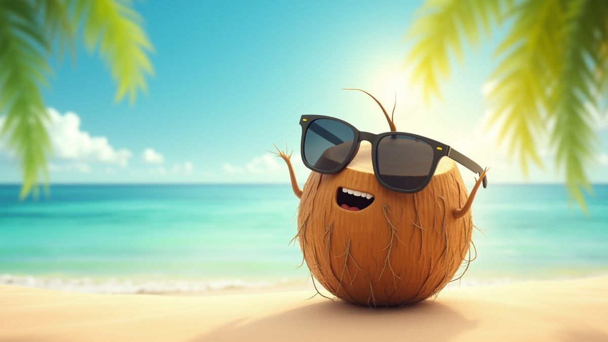 Eine animierte Kokosnuss mit Sonnenbrille, die an einem tropischen Strand entspannt.