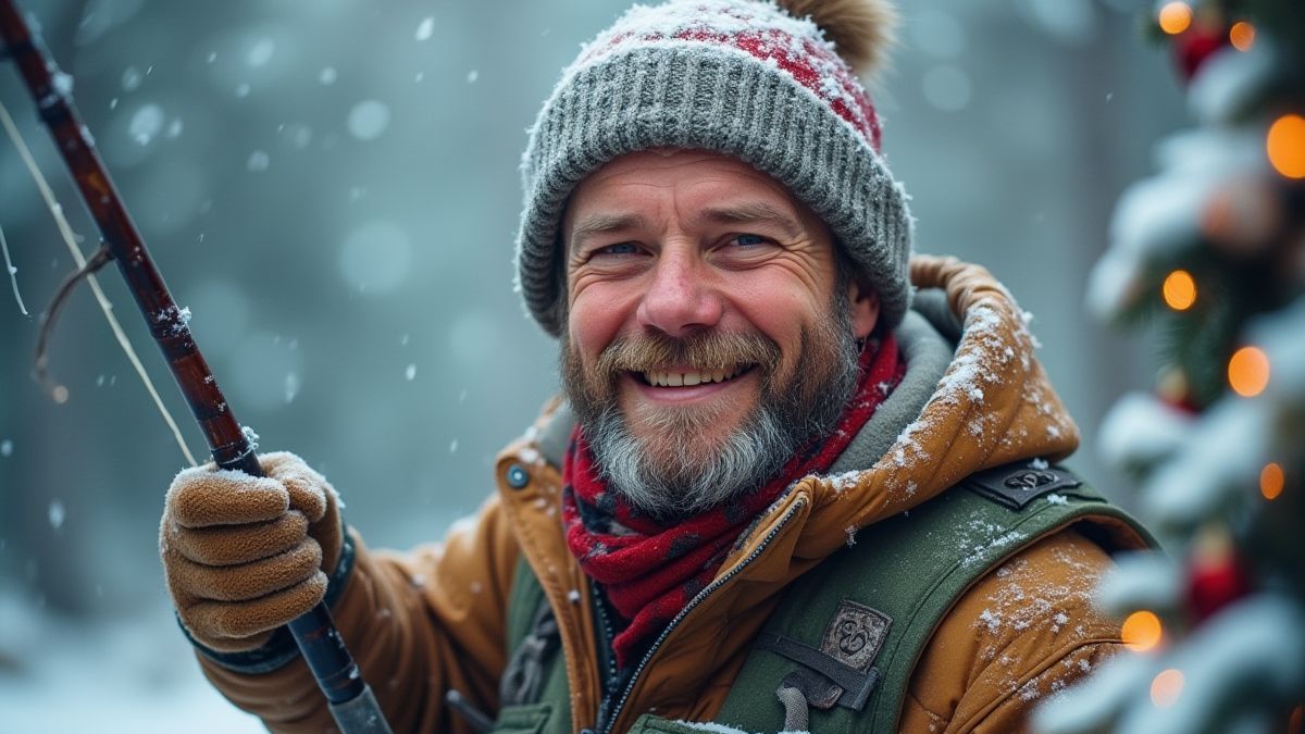 Blije visser met een hengel in een besneeuwd landschap.