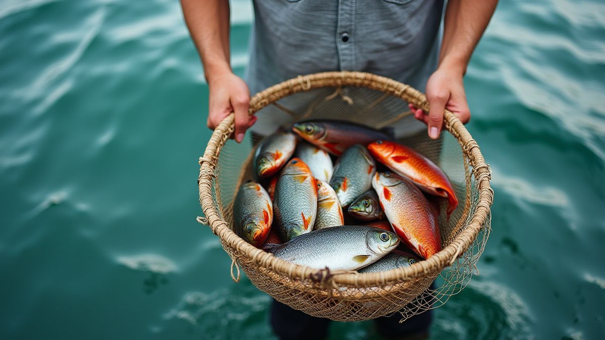 Pescador segurando uma rede cheia de peixes.