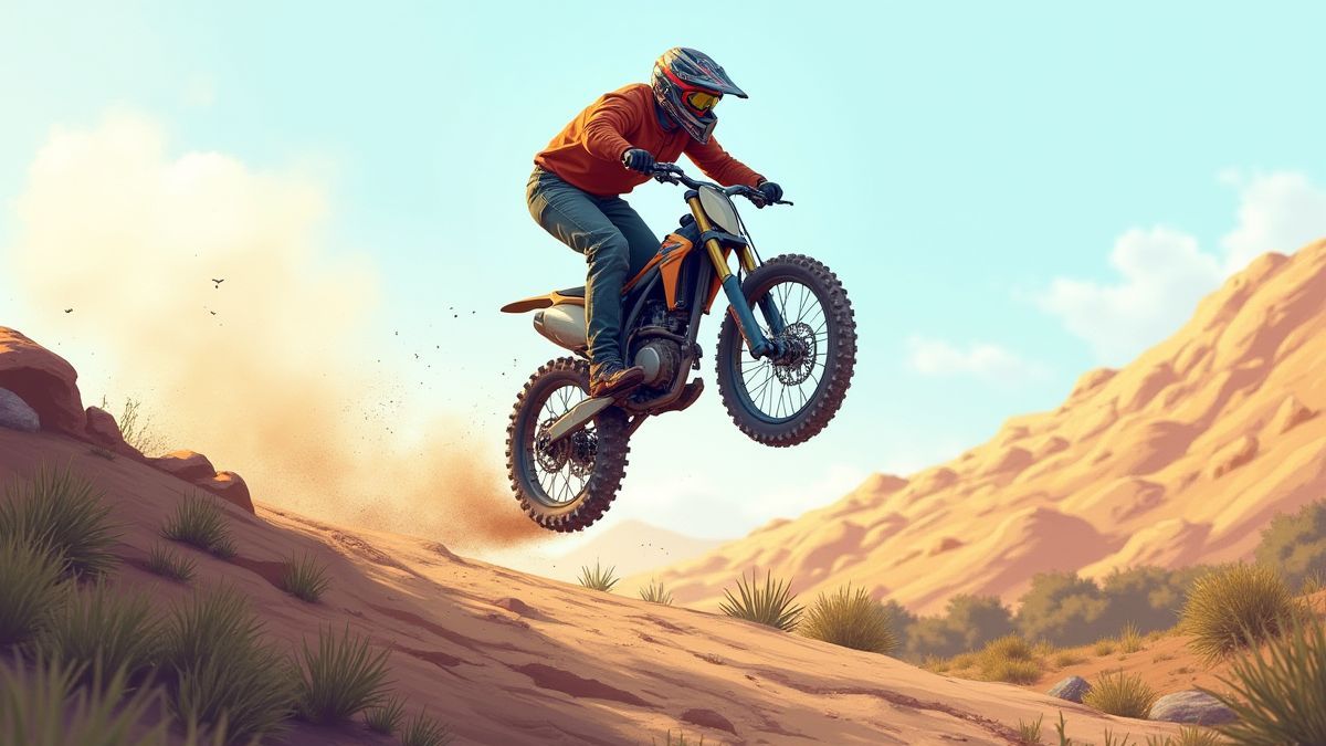 Ein Motorradfahrer in der Luft mit fliegendem Schmutz von den Reifen.