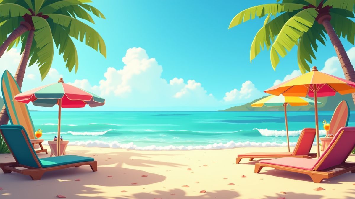 Bild eines tropischen Strandes mit Sonnenschirmen und Cocktails.