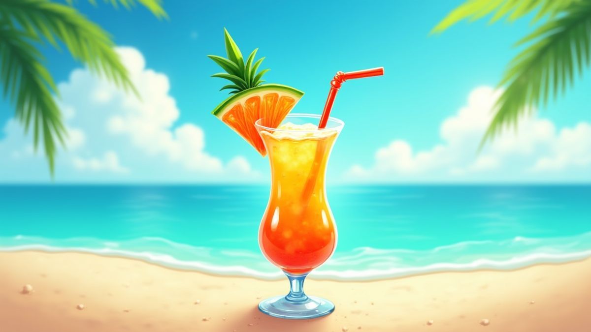 Animierter tropischer Cocktail an einem sonnigen Strand.