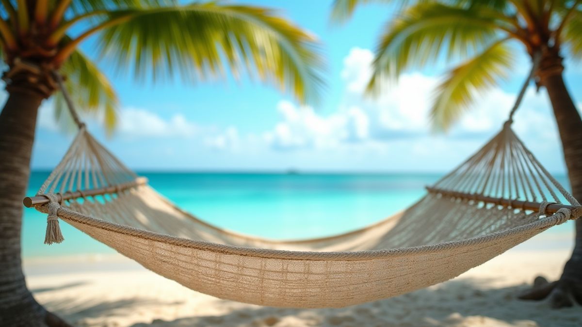 Hammock under palm trees by the ocean