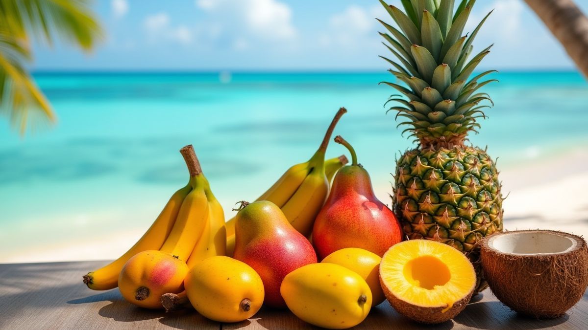 Kleurrijke tropische vruchten op een tafel aan het strand.