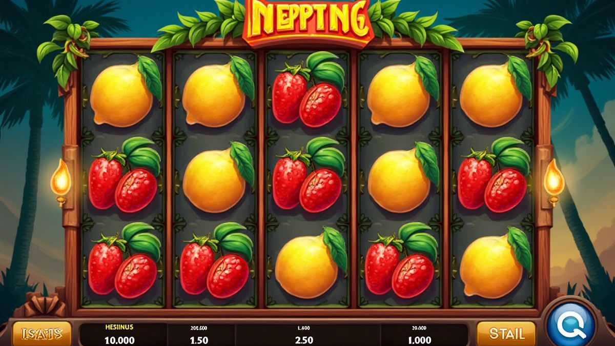Slotinterface met tropische fruitsymbolen die draaien op de rollen.