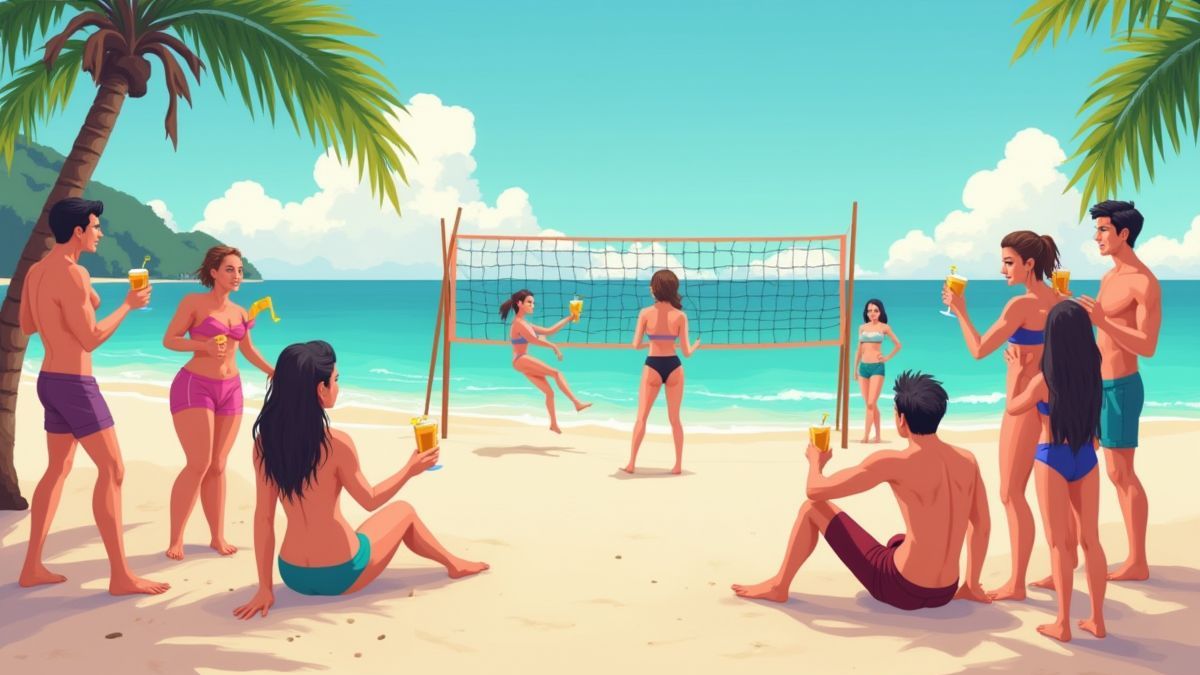 Une plage avec des personnes profitant de cocktails et jouant au volleyball.