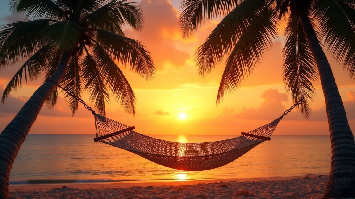Coucher de soleil tropical avec un hamac entre deux palmiers.