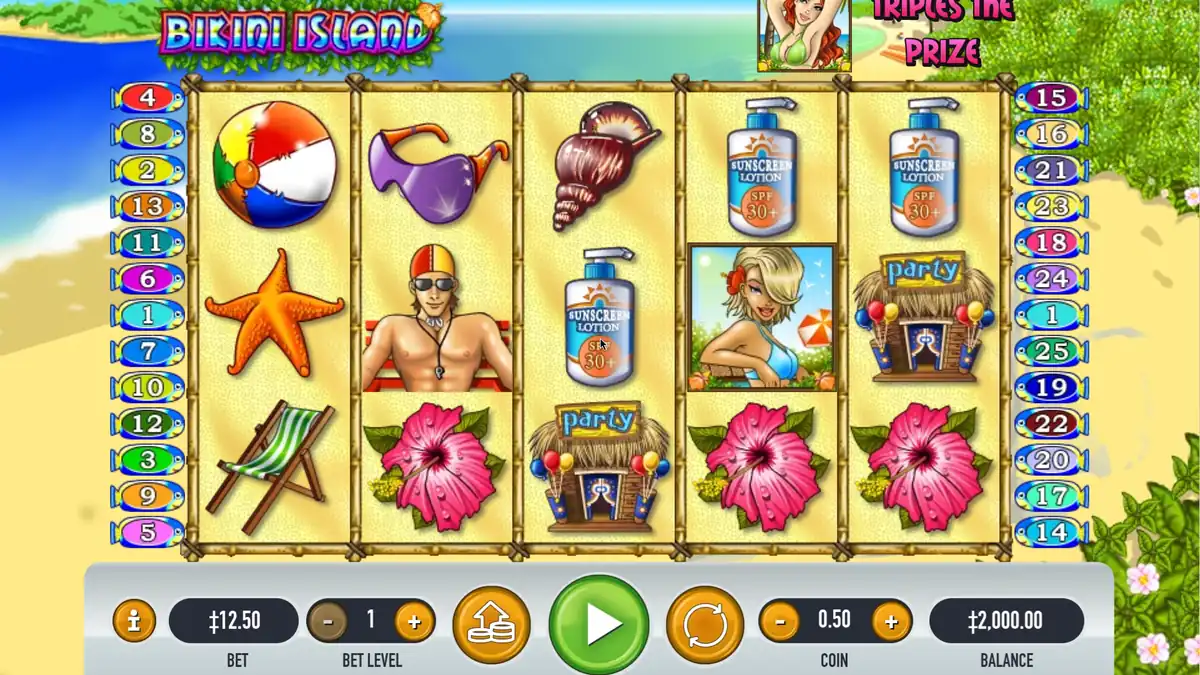 Jeu de base de la machine à sous Bikini Island avec 5 rouleaux de symboles de plage, un Wild Bikini Babe et 25 lignes de paiement