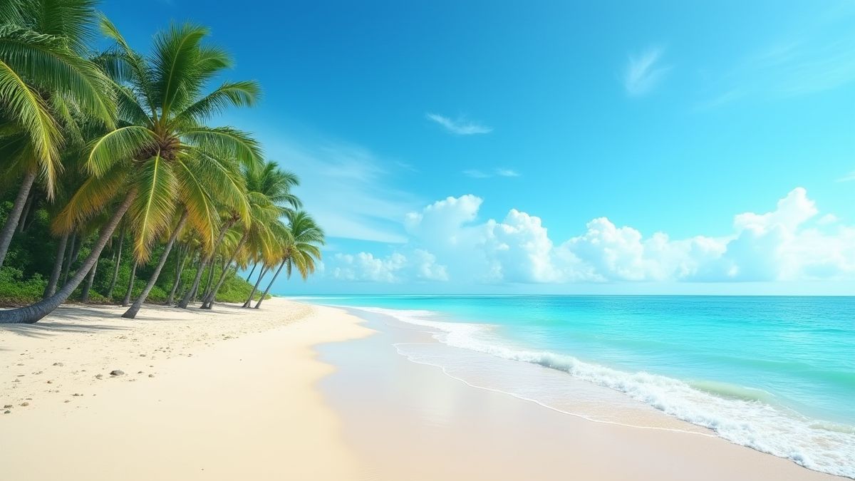 Tropisch strand met palmbomen, blauwe luchten en rustige oceaan golven.