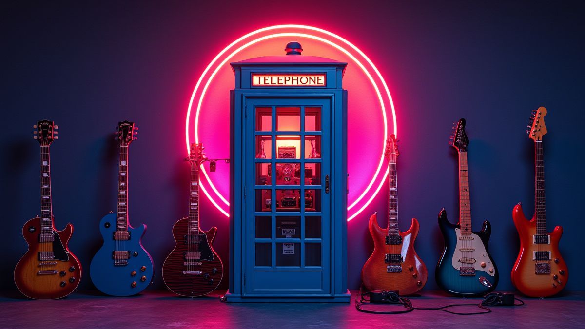 Design rétro avec cabine téléphonique et guitares de rock entourées de lumières néon.