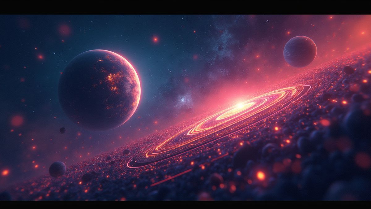Scène vibrante avec des planètes brillantes et une interface de circuit temporel entourée d'étoiles.