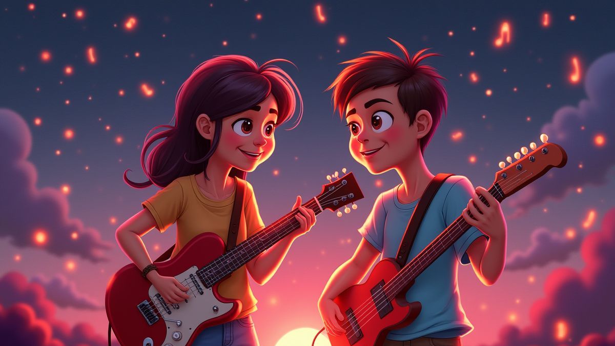 Deux amis jouant de la guitare entourés de symboles brillants.