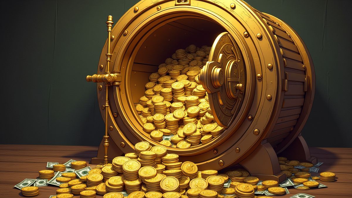 Gouden kluis vol met munten en biljetten.