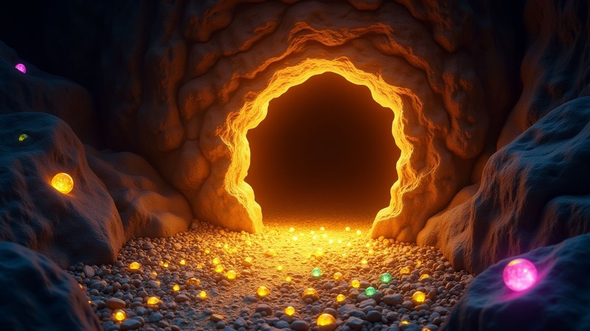 Entrada de uma mina brilhante rodeada de ouro e gemas.