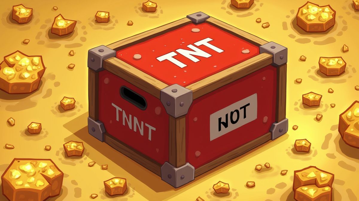 Cajón de TNT rodeado de pepitas de ouro.