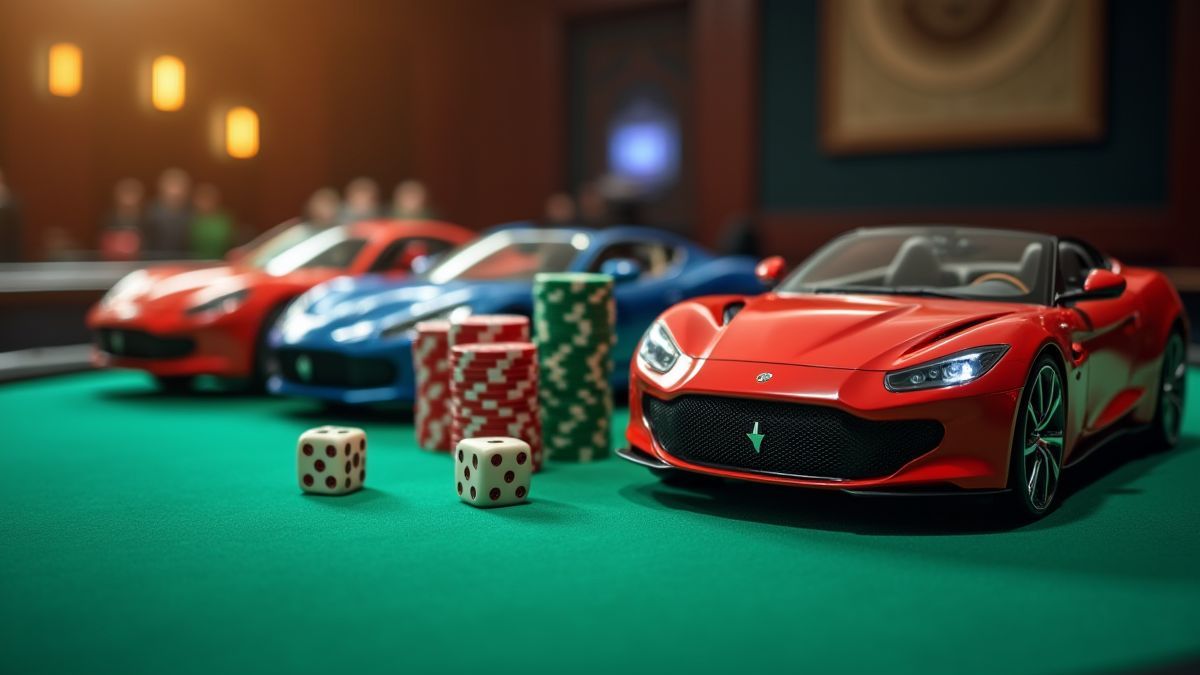 Casino-Tisch mit Pokerchips, Würfeln und Luxusautos.