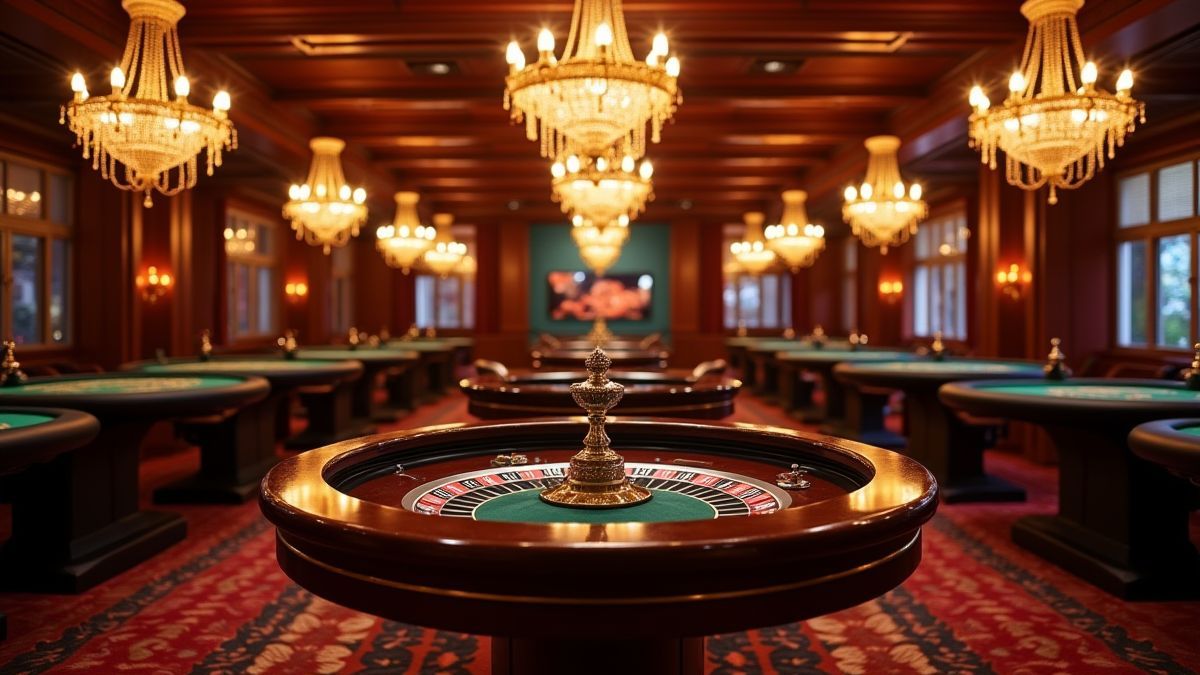 Elegantes Casino-Innenleben mit Kronleuchtern und einem Roulettetisch.