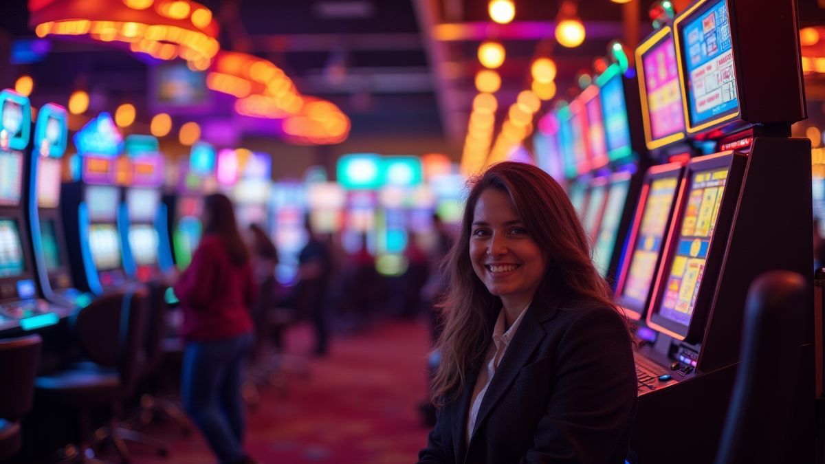 Een levendig casino met kleurrijke lichten en blije spelers die van de spellen genieten.