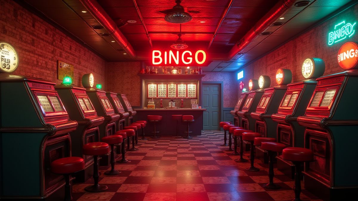 Un salón de bingo retro con luces de colores y decoraciones vintage.