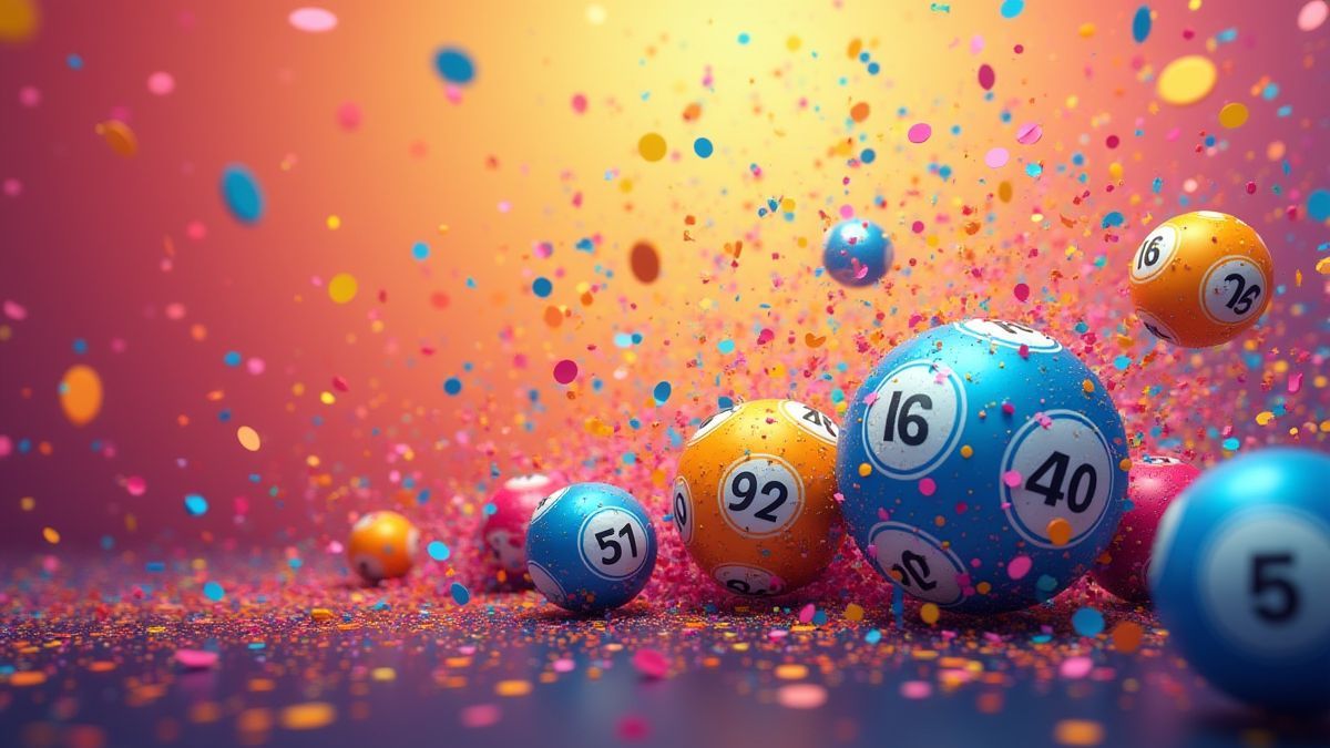 Explosión de confeti y bolas de bingo sobre un fondo vibrante.