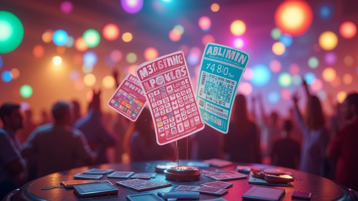 Un salón de bingo lleno de cartas coloridas y jugadores emocionados.