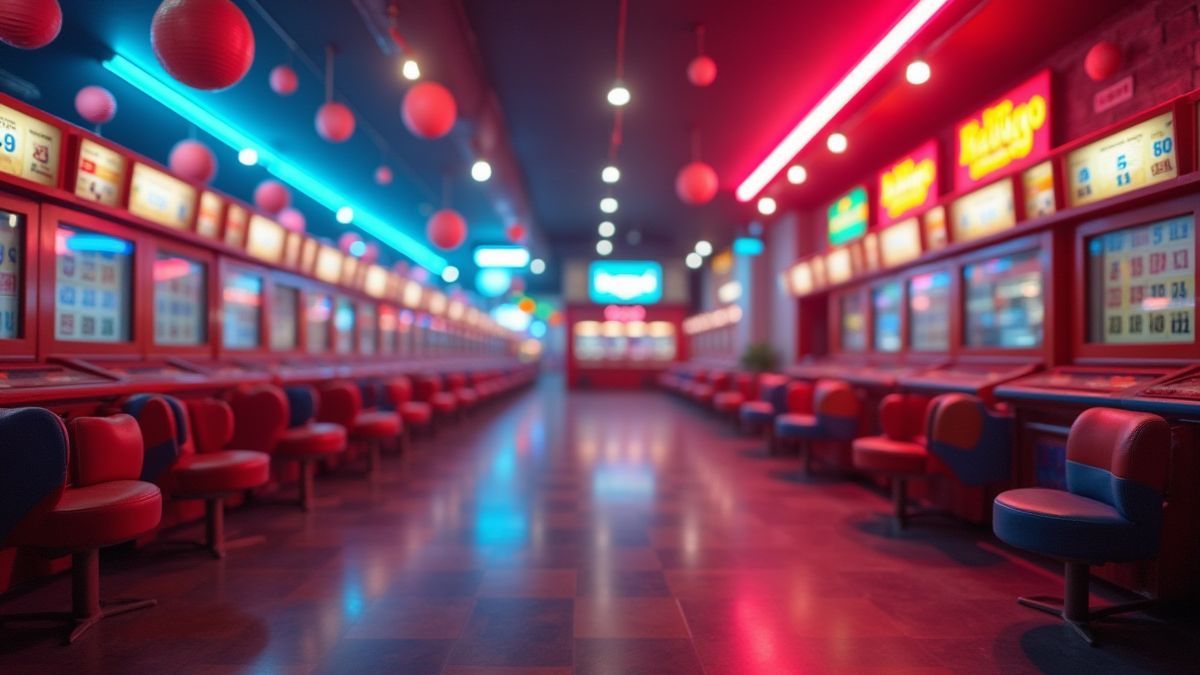 Salle de bingo rétro avec des boules colorées et des lumières vives.