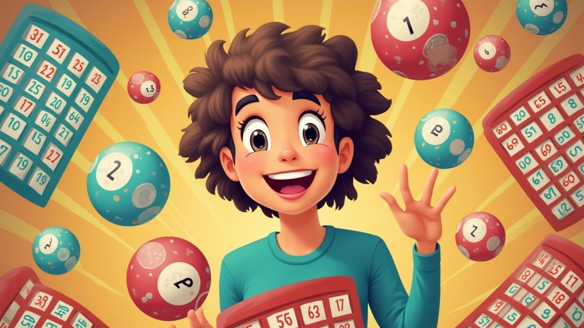 Joueur joyeux entouré de cartons de bingo et de boules colorées.
